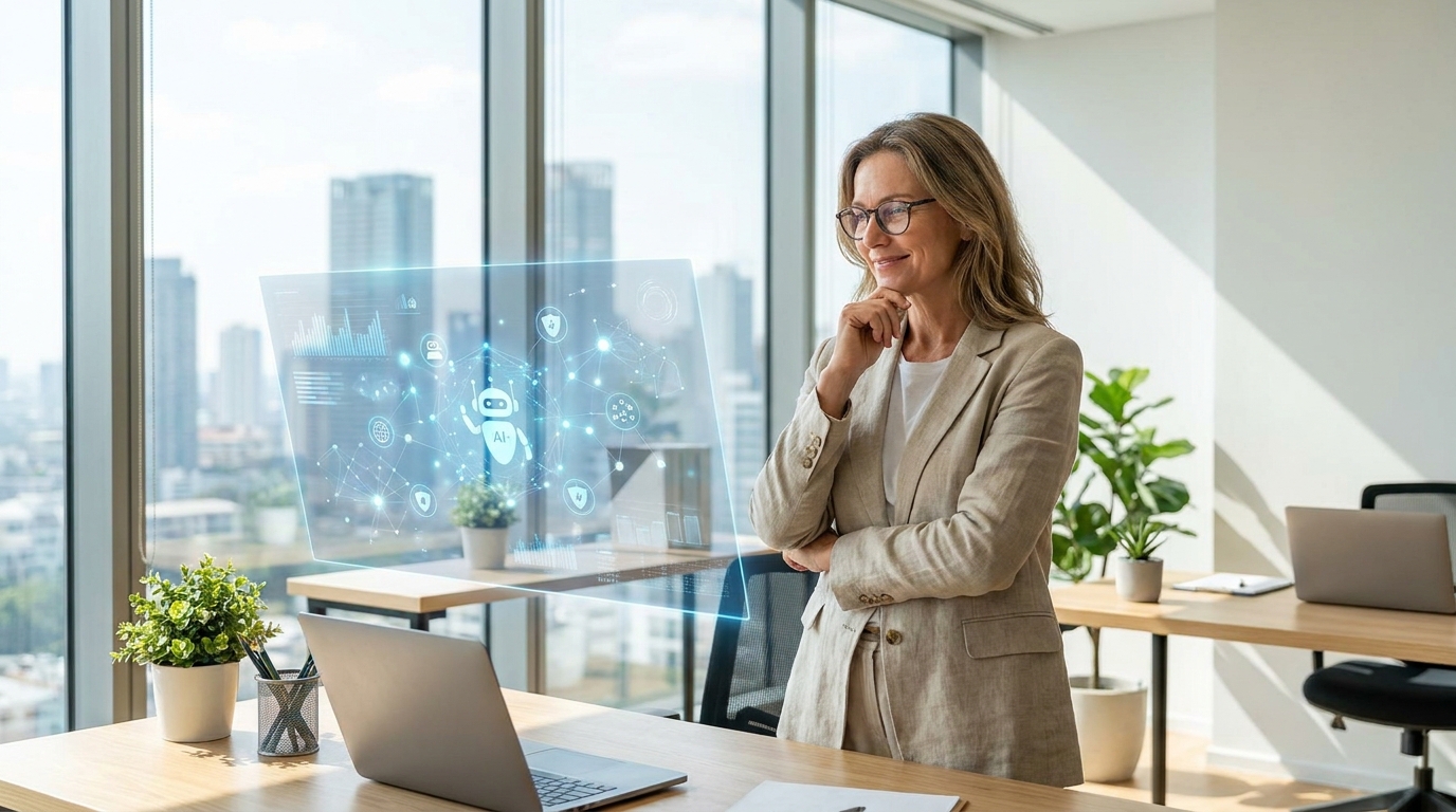 A creator or small business owner observing AI cybersecurity data on a holographic screen, emphasizing human control in agentic AI security.