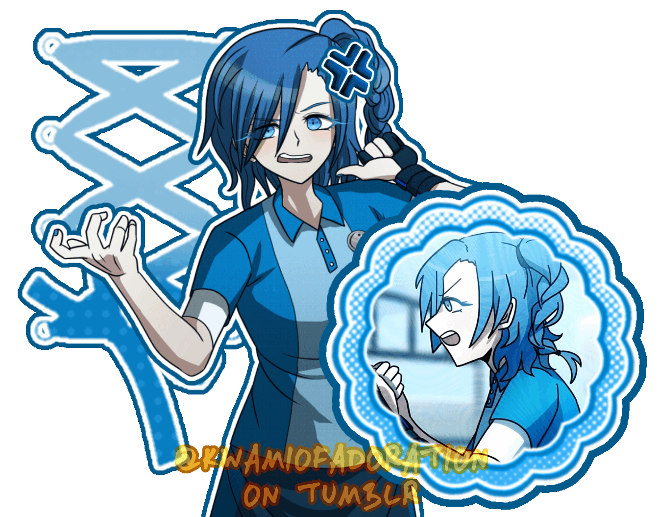 A graphic based off Arei Nageishi, it has a laced ribbon in the BG and includes one of her sprites making an angry remark. It also includes an anger mark on her head. Adjacent is a blue graphic switching to 3 cgs featuring Arei. The graphic is heavily watermarked with "KWAMIOFADORATION ON TUMBLR" (the creator of this template's tumblr) in orange to prevent stealing.