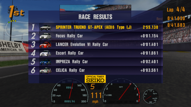 Result of Beginner LEague GT World Championship race 2 at Super Speedway: 1) Sprinter Trueno GT-Apex 2) Focus Rally Car 3) Lancer Evolution VI Rally Car 4) Escort Rally Car 5) Impreza Rally Car 6) Celica Rally Car