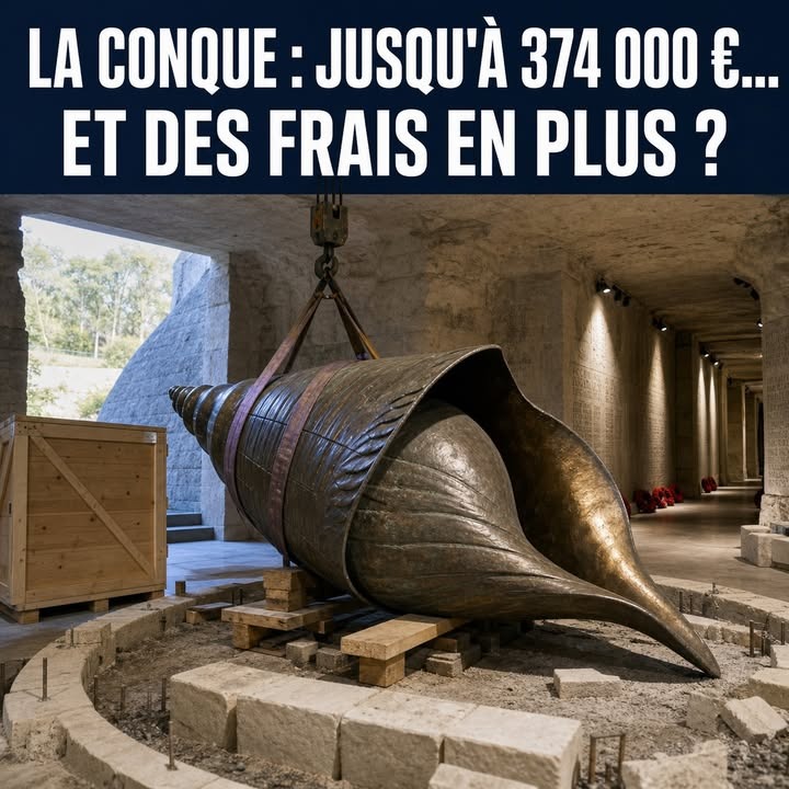 Une grande conque en bronze suspendue par des sangles dans une salle souterraine en construction, posée sur des caisses de bois.