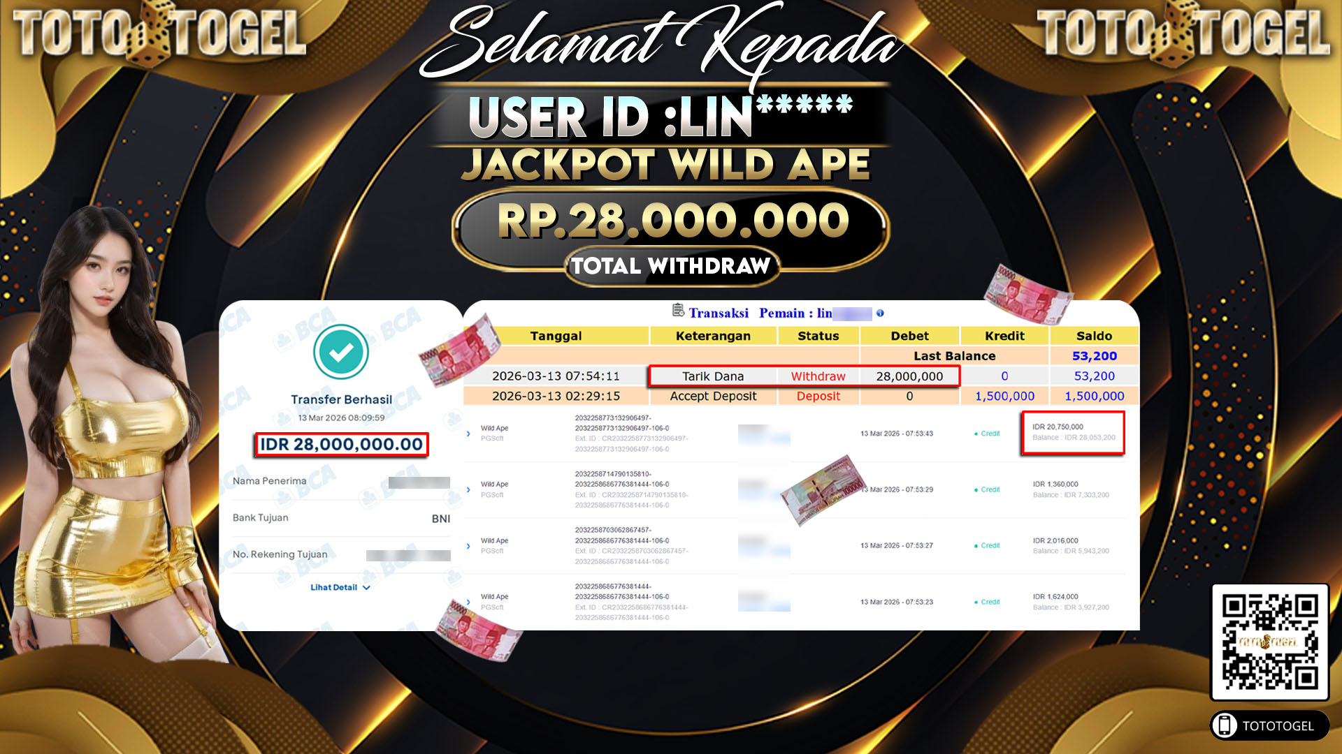 Bukti Pembayaran Jackpot Permainan Slot Wild Ape ID:LIN*****LUNAS