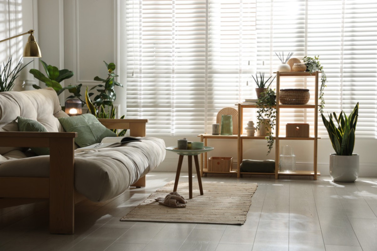 Layered plant shelf with trailing hoyas and textured ferns in a plant parent aesthetic home