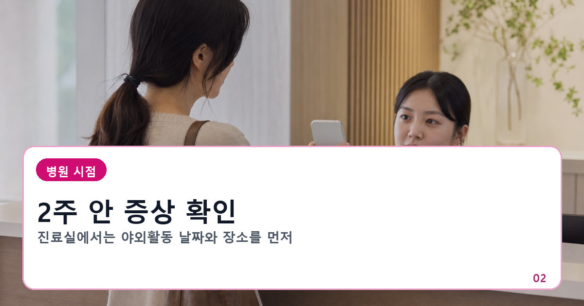 야외활동 날짜를 의료진에게 알리고 발열과 소화기 증상으로 진료받는 모습