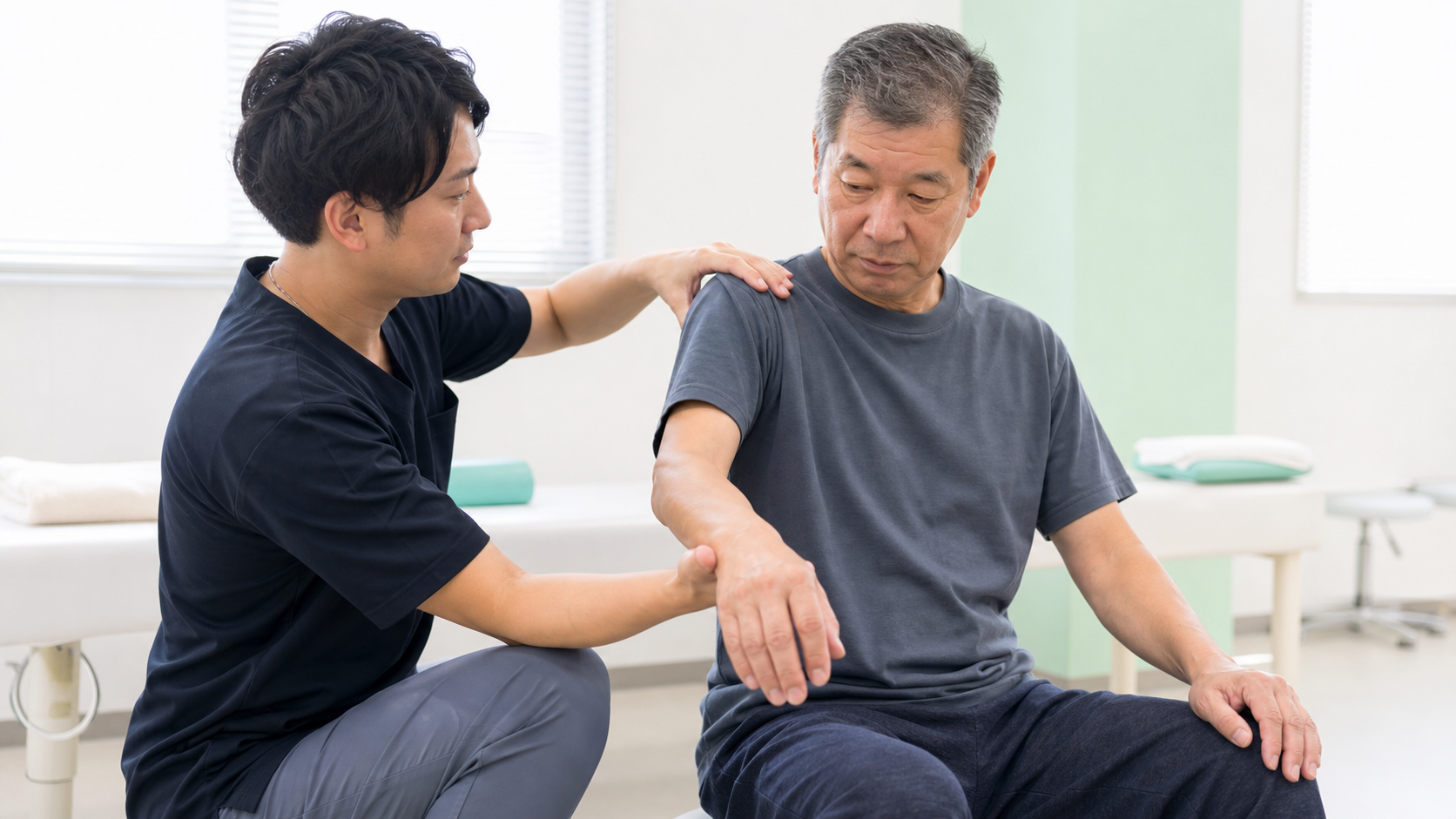 脳卒中後の肩の痛みについて、リハビリ専門職が肩と腕を丁寧に確認しているイメージ