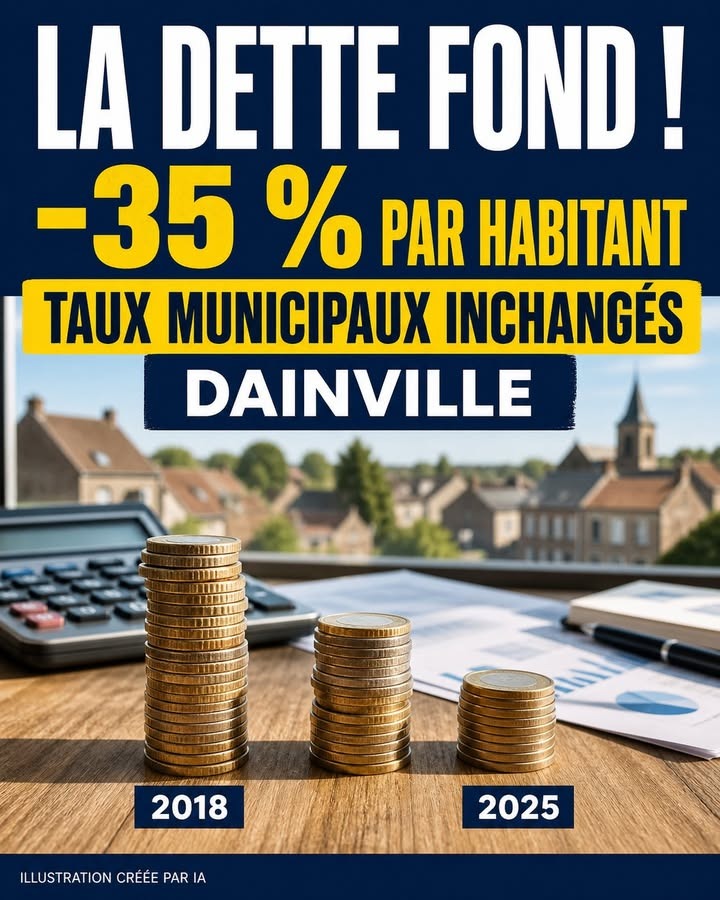 Trois piles de pièces d'or de tailles décroissantes sur un bureau, avec une calculatrice et des documents, devant un paysage de village.