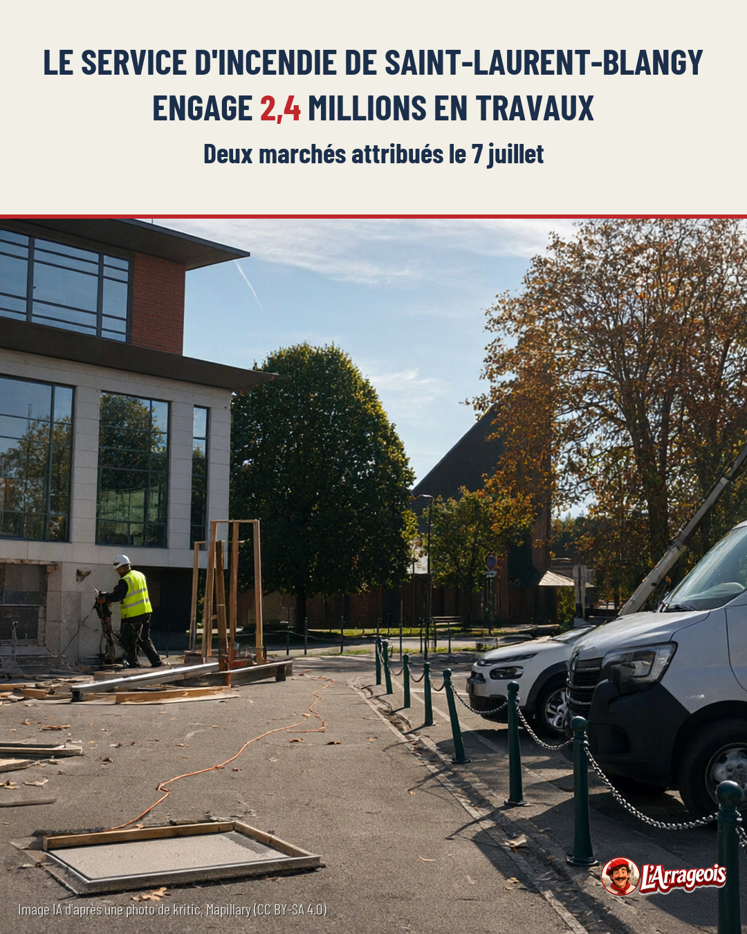 Un ouvrier en gilet jaune et casque blanc travaille sur un chantier devant un bâtiment moderne, avec des véhicules et des arbres en arrière-plan.