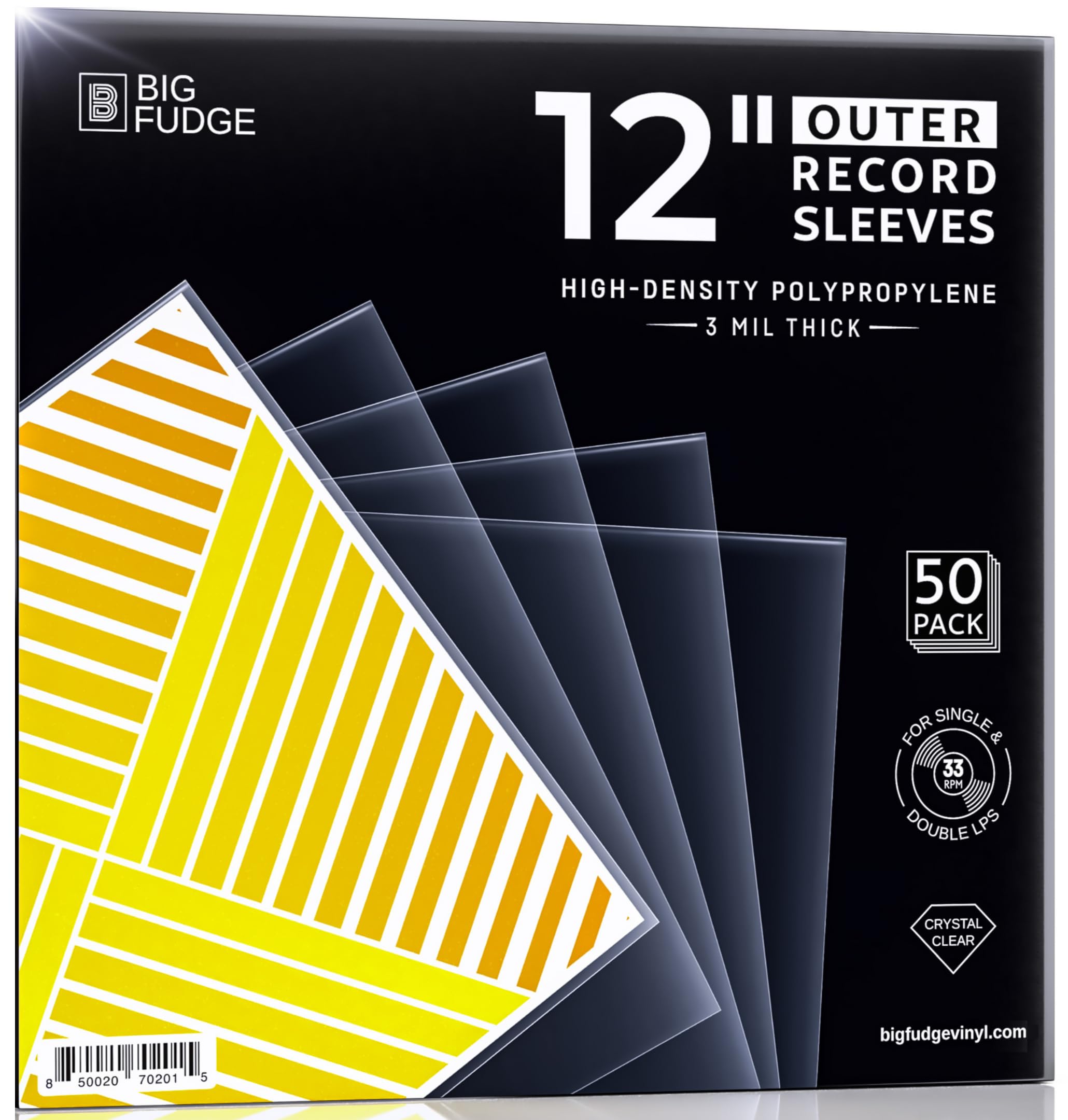 Big Fudge 12" Vinyl Record Sleeves - Outer Sleeves 50 Pack - Crystal Clear High-Density Polypropylene Vinyl Covers - Accessories Protect LP Albums from Dust, Dirt & Scratches