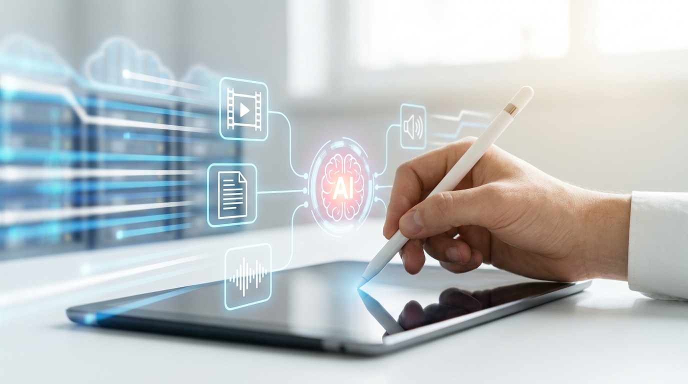 Creator interacting with an integrated AI workflow on a tablet, showing seamless flow of creative elements into an AI core, symbolizing a powerful creator AI stack.