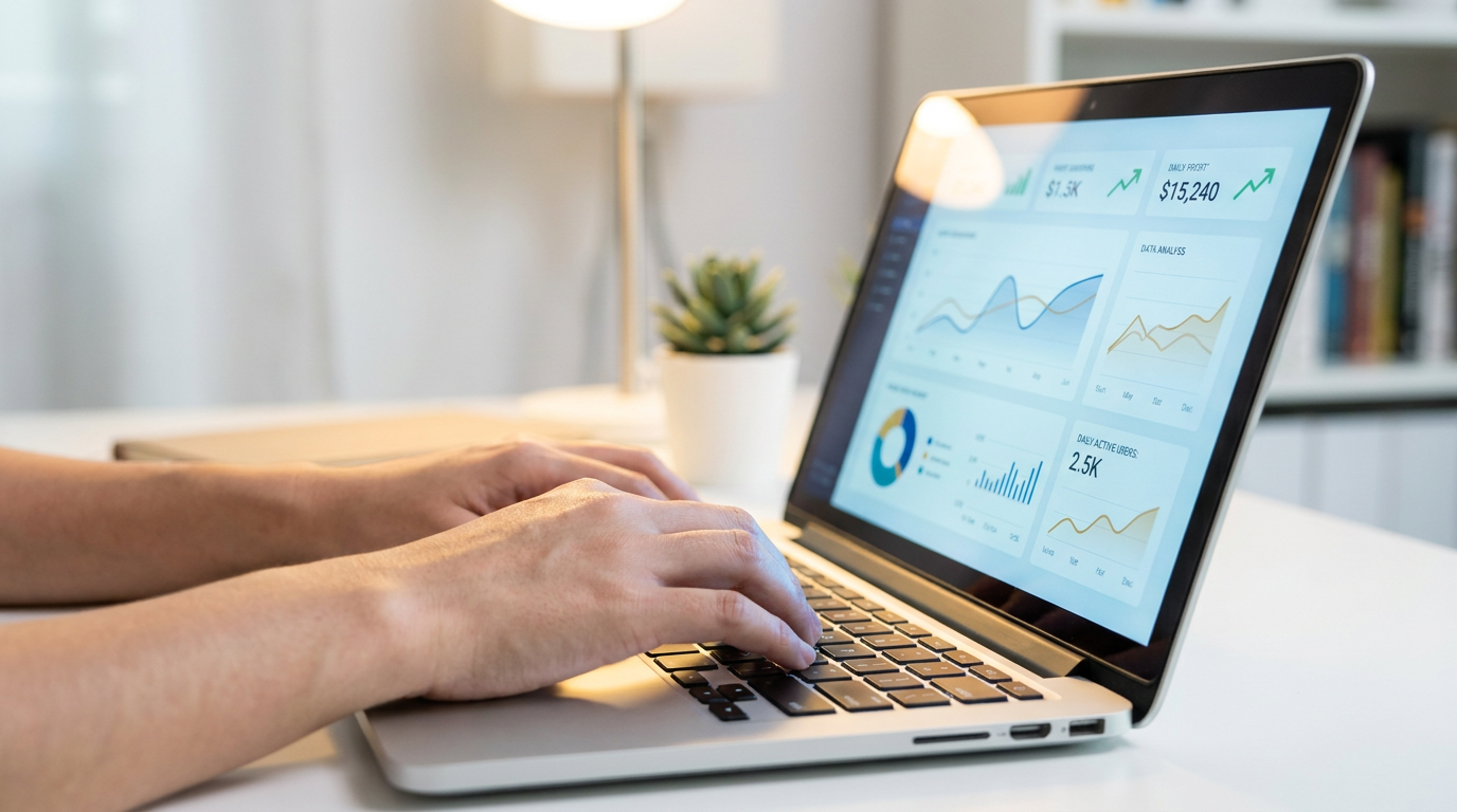 Hands typing on a laptop, showing a glowing screen with analytics and income, representing low startup cost AI side hustles.