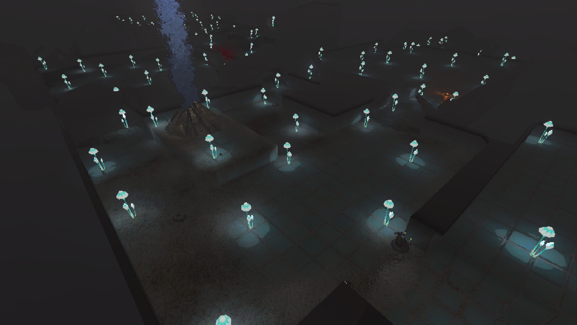 A room with a raised platform with an exit geyser atop.