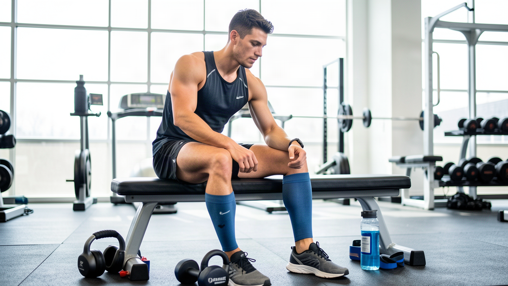 runner using a compression calf massager sleeve after a run, athletic recovery scene