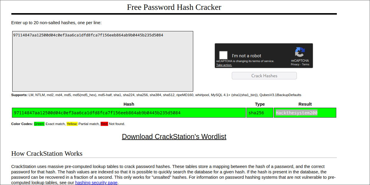 Hash cracking result