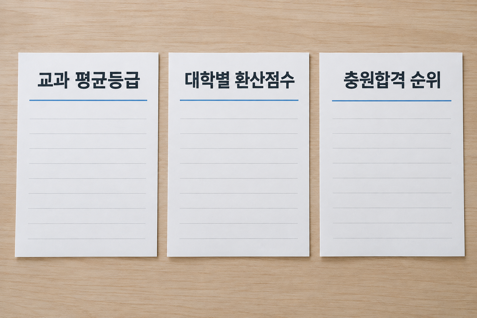 교과 평균등급과 대학별 환산점수 및 충원합격 순위를 나눈 메모