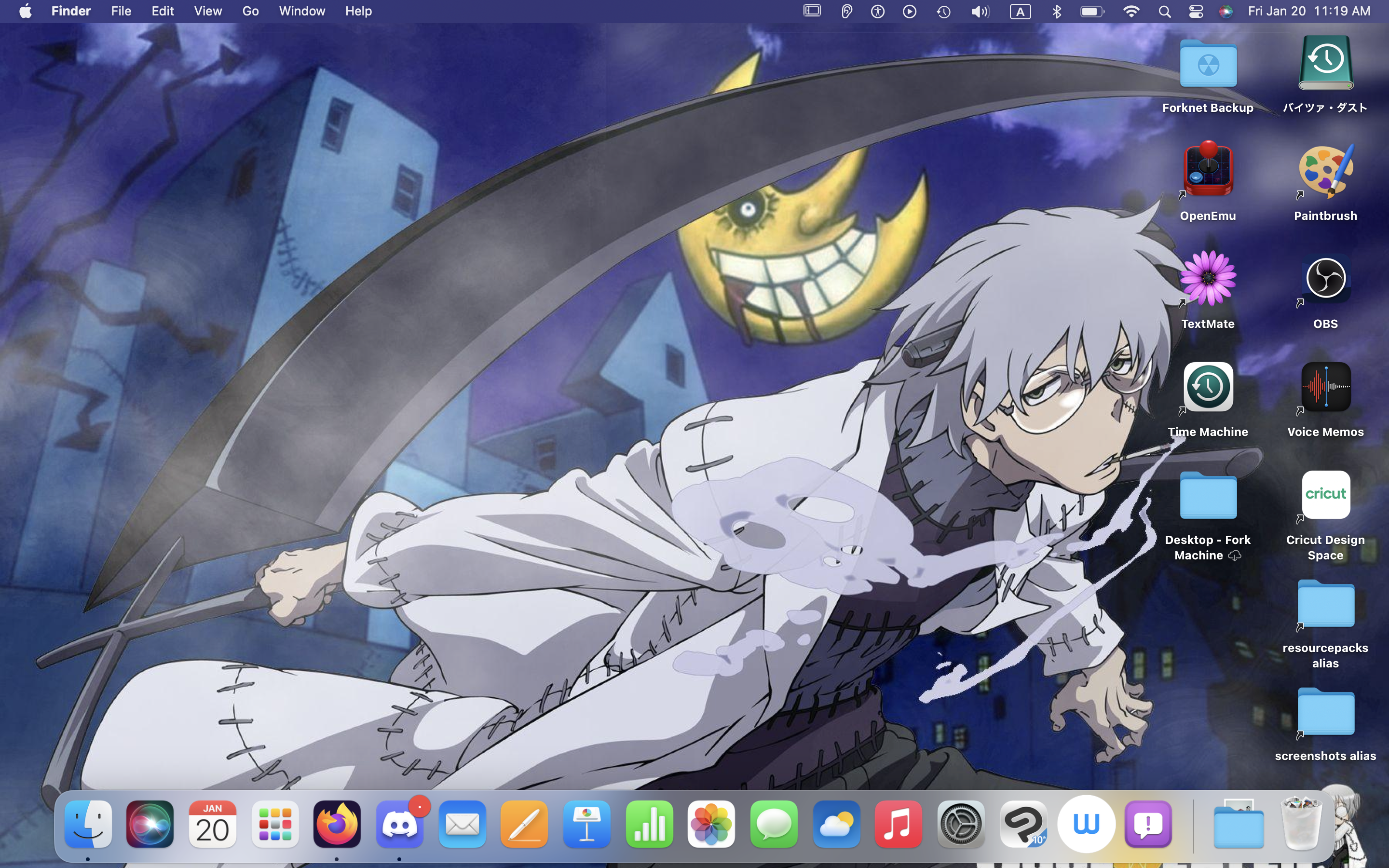desktop screenshot, the wallpaper is dr. stein from soul eater