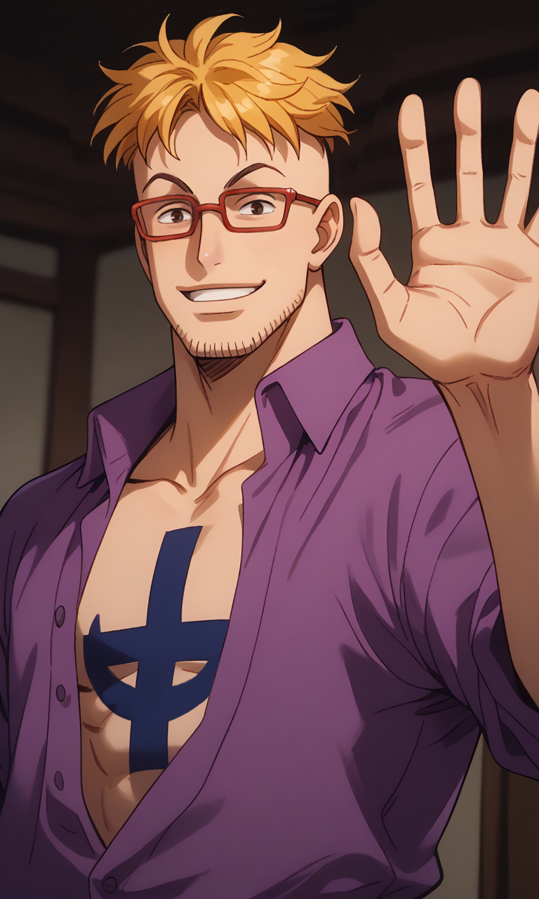 Marco waving his hand with a silly smile.