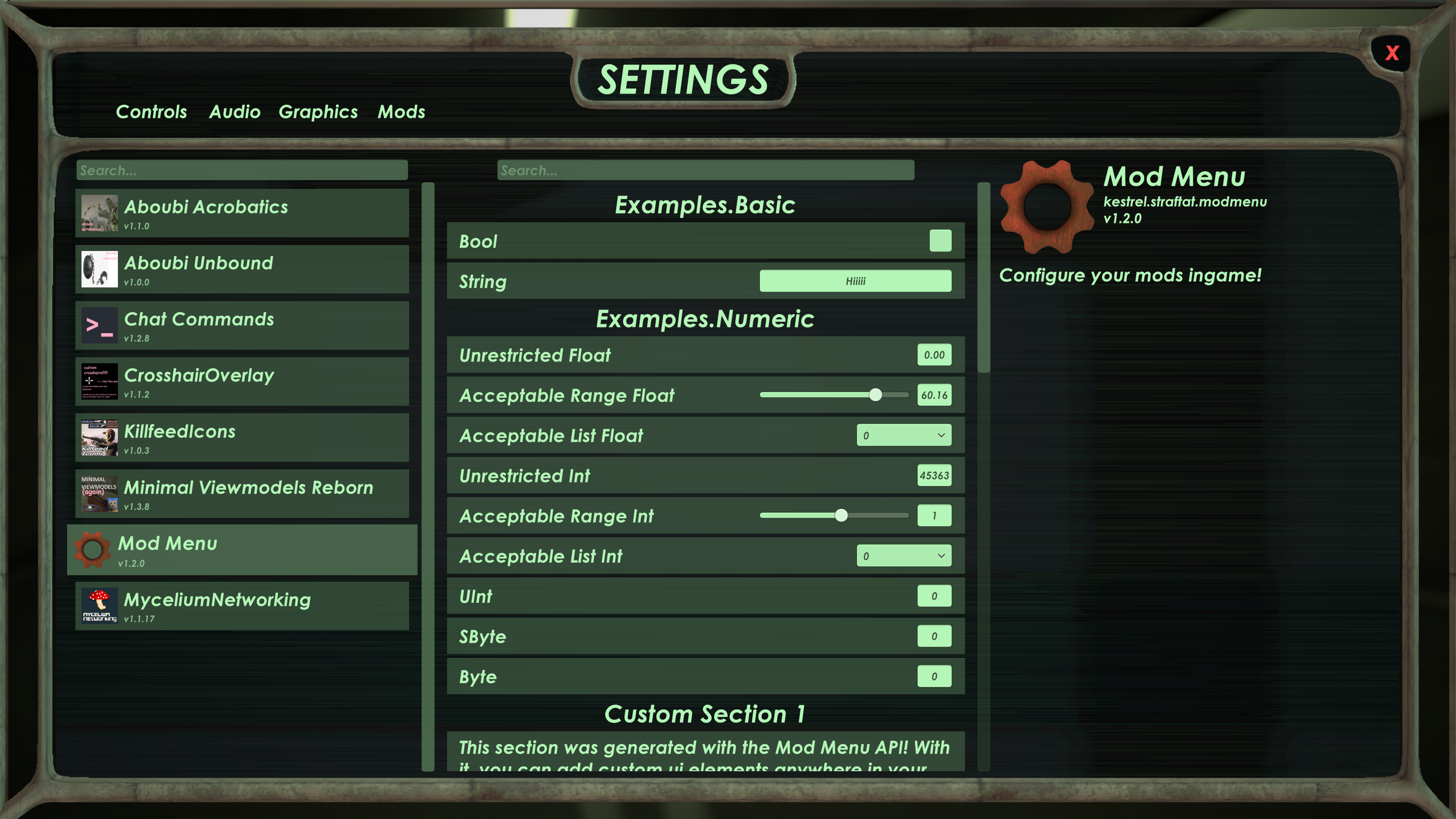 The mod menu interface