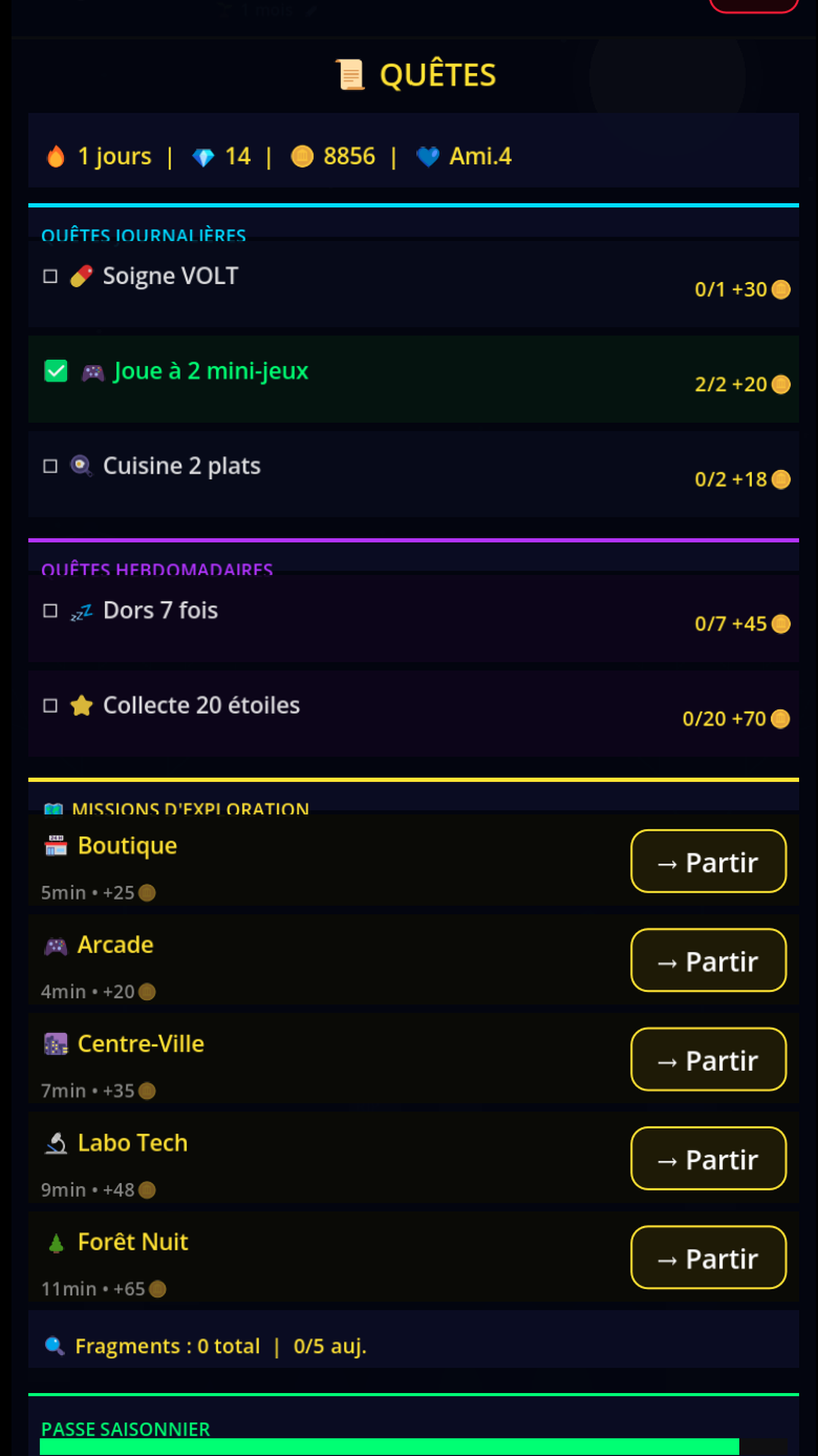 Daily quests, exploration missions and the season pass