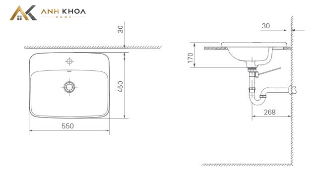 bản vẽ kỹ thuật chậu rửa đặt bàn Inax AL-2398V