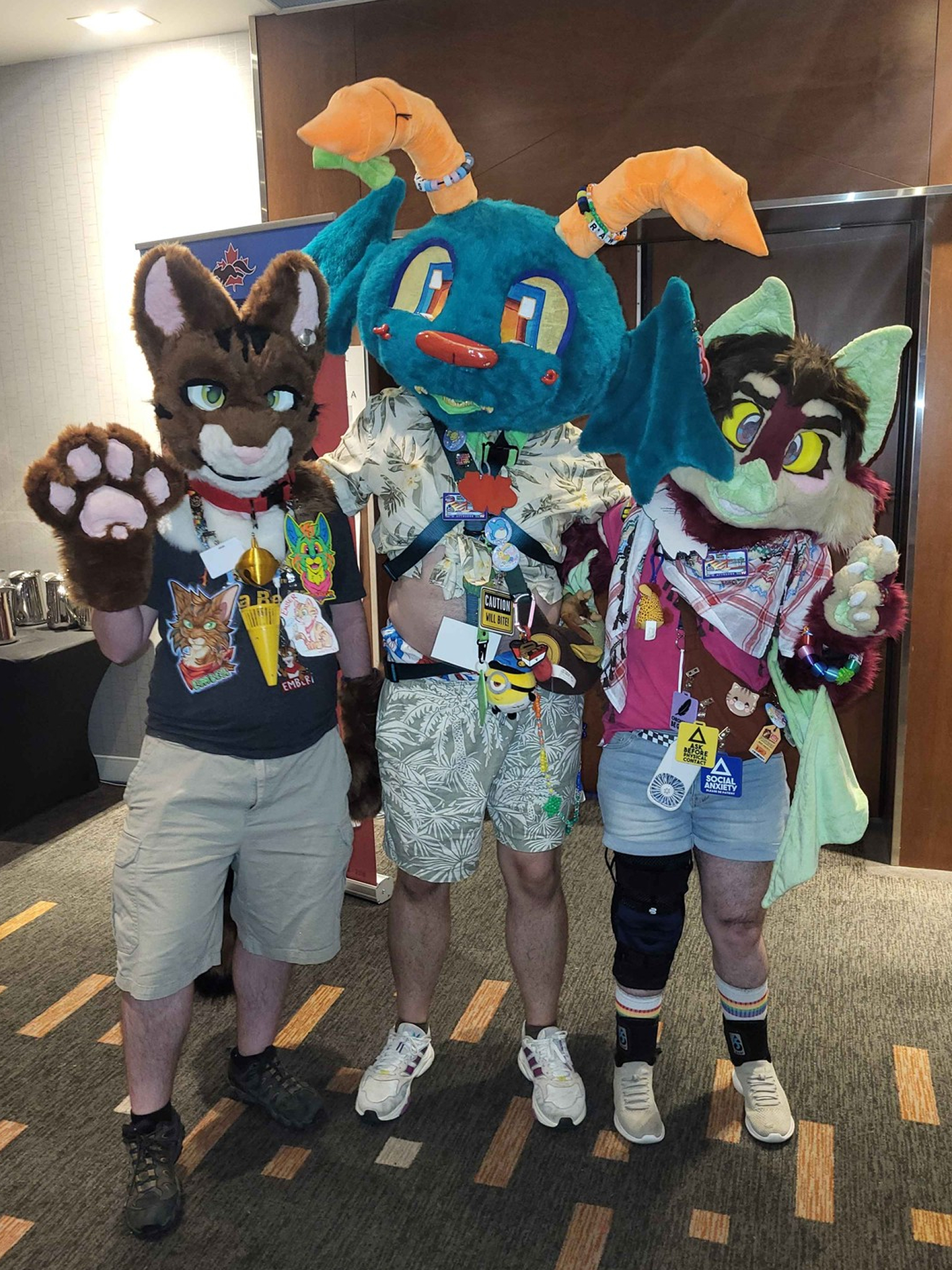 A group of fursuiters; a brown tabby cat, a dark teal hybrid creature with large wings and antennae on it's head, and a multicoloured bat