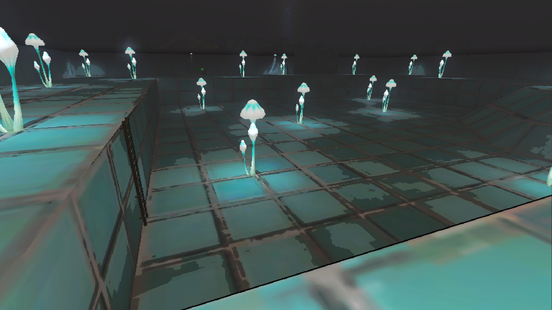 A tile-lined empty water pool, with a ladder to exit the pool.