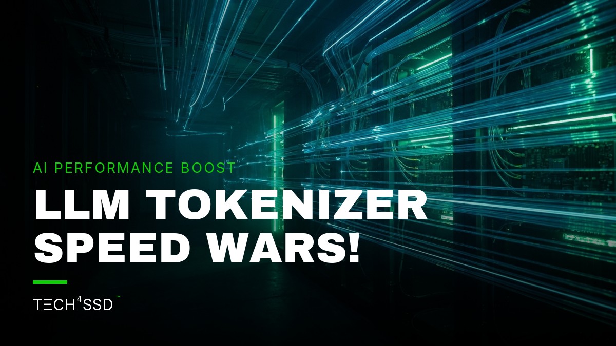 A stylized, abstract representation of data flowing at high speed through a network of interconnected nodes, with some nodes glowing brighter to indicate increased efficiency and speed, representing Hugging Face Tokenizers v1 performance.