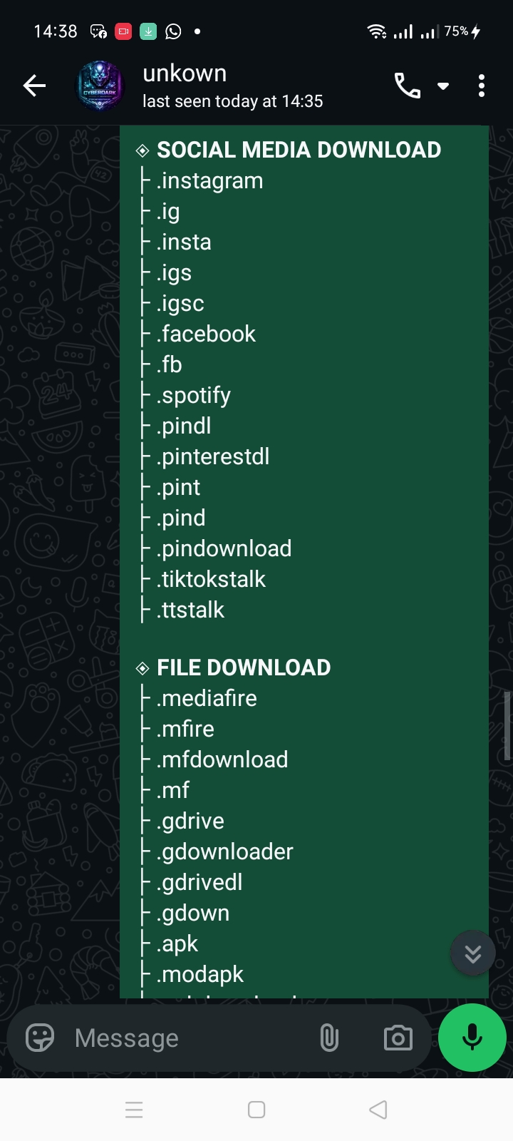 Downloader Commands menu