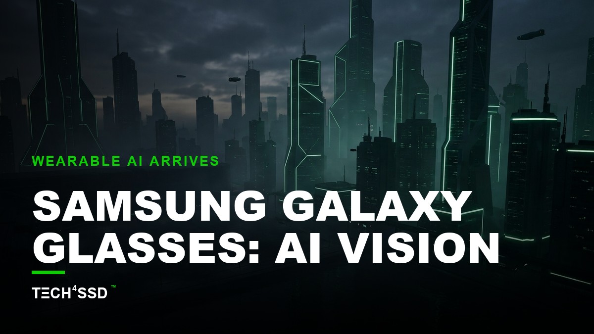 Close-up of sleek Samsung Galaxy Glasses with a subtle glowing AI-powered visual overlay, reflecting a futuristic city, hinting at integrated AI capabilities.