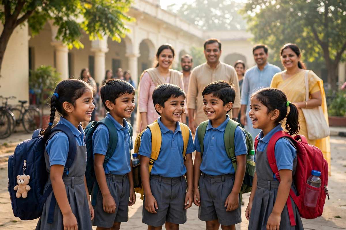 नए स्कूल बैग के साथ खुश भारतीय स्कूली बच्चे