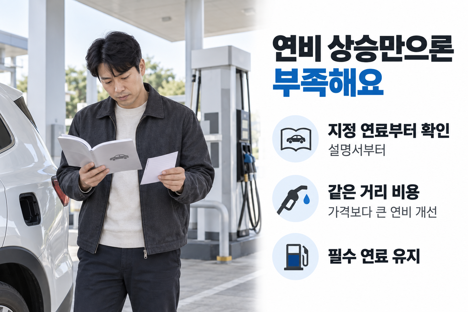 주유 전에 지정 연료를 확인하고 가격 상승률과 연비 개선률을 비교하는 판단
