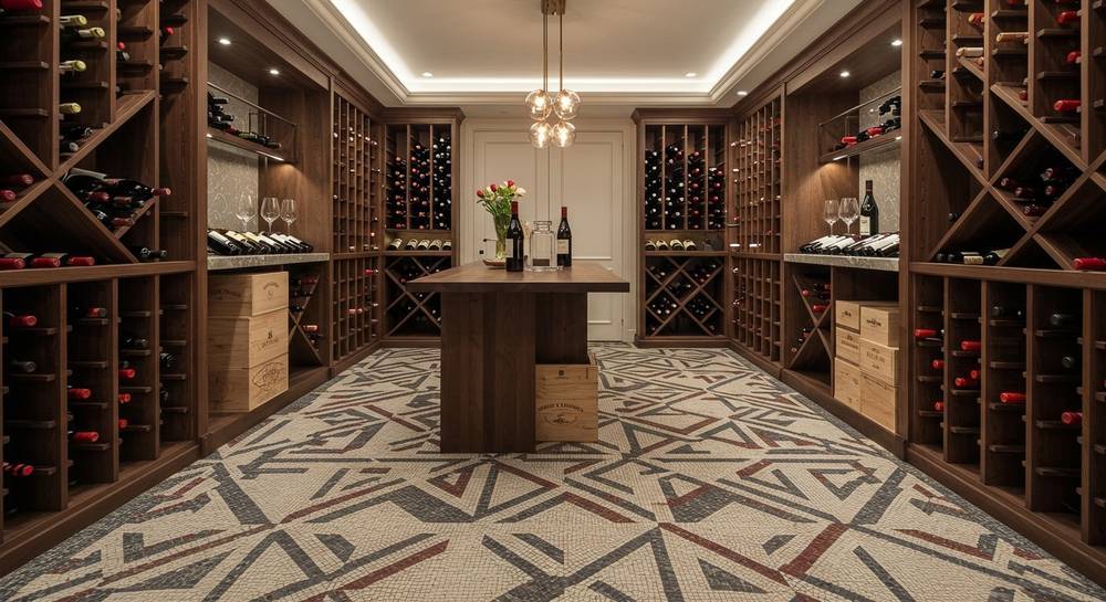 Geometric Roman mosaic floor design in a sleek, modern luxury wine cellar, enhancing the space with structured mosaic art.