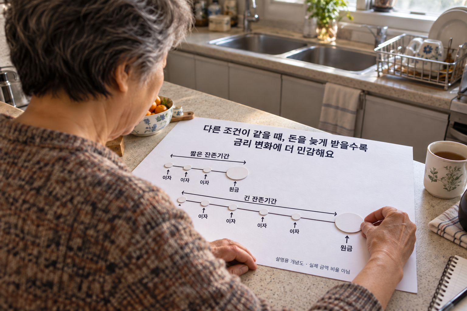 나중에 받을 돈의 비중과 듀레이션에 따른 금리 민감도를 설명하는 개념도