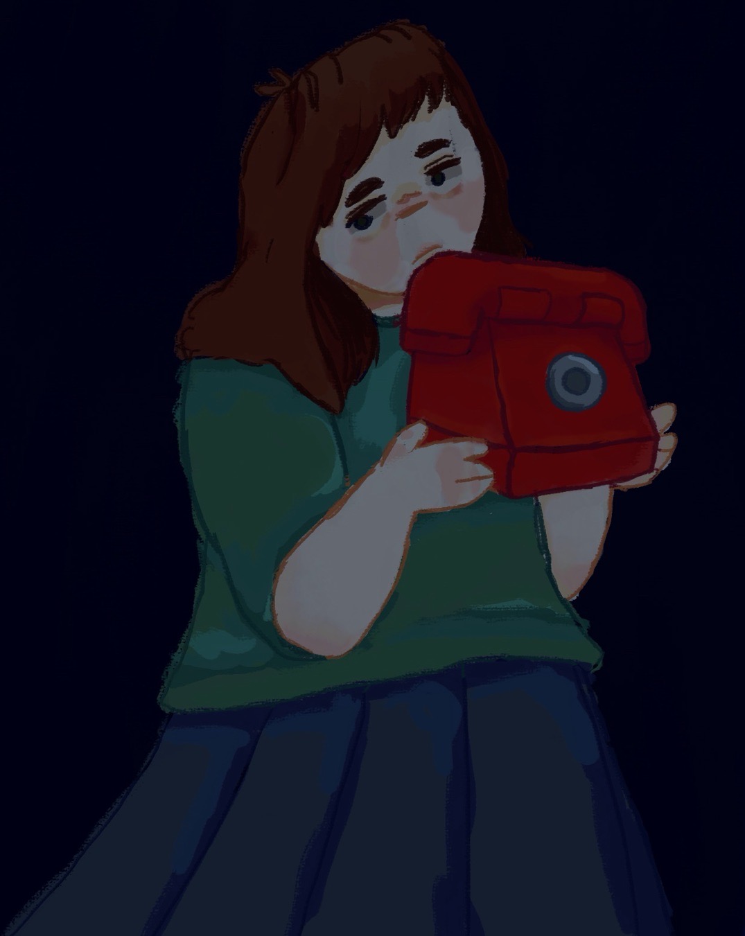 caroline from dsaf holding a red rotary phone similar to peter's head