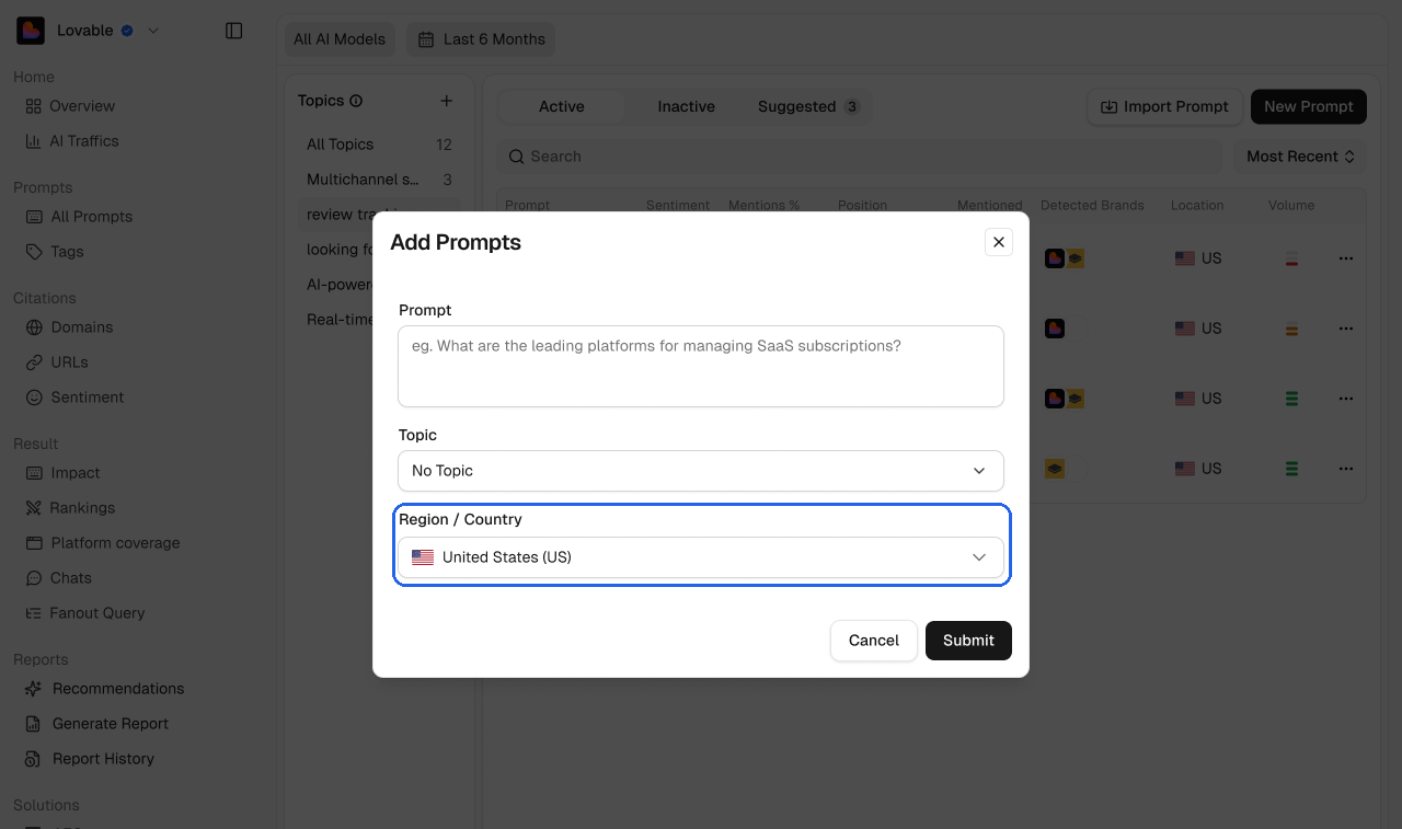 Choosing a region when adding a prompt