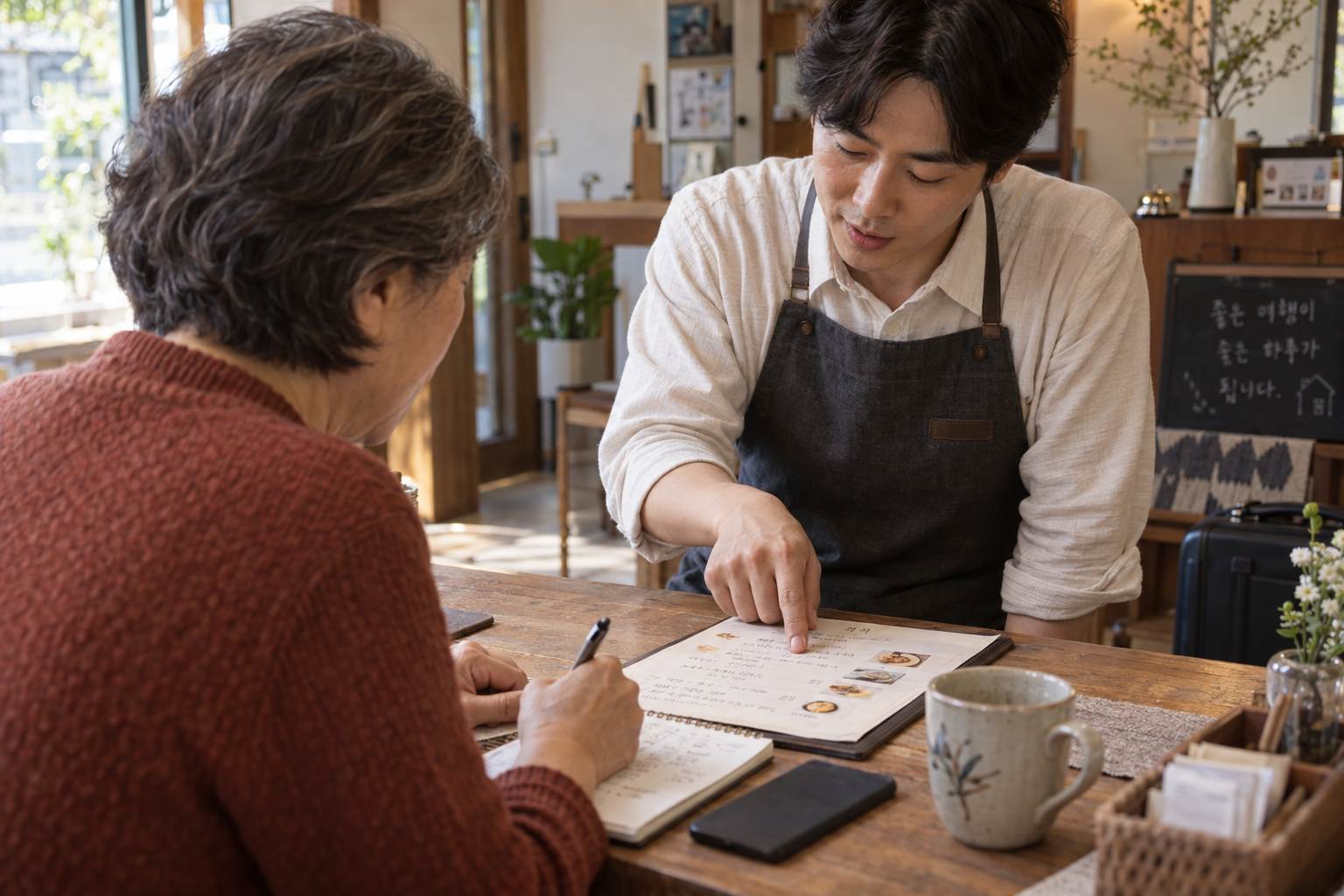 업로드를 기다리는 동안 필요한 짧은 문장을 직접 옮겨 적는 설명용 장면