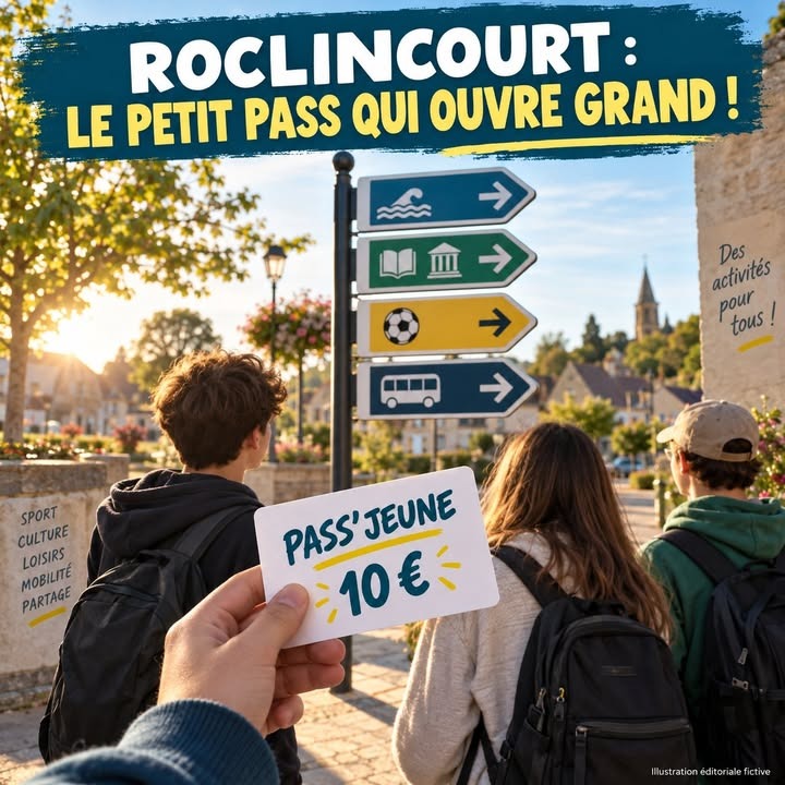 Une main tient une carte « Pass' Jeune 10 € » devant trois lycéens au sac, devant un panneau directionnel coloré et un mur avec des activités.