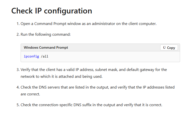 DNS 서버와 연결별 접미사를 확인하도록 안내하는 Microsoft 공식 문서