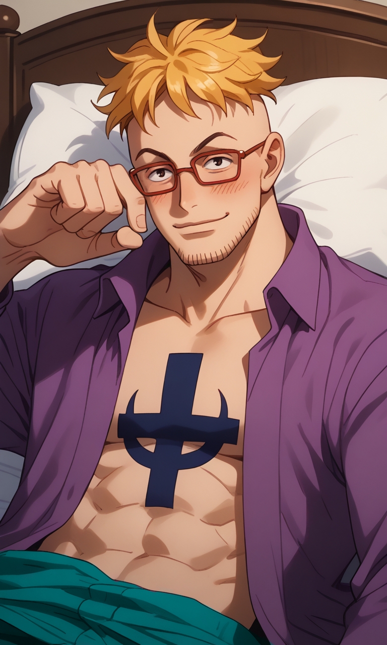 Marco in bed with a slight blush on his face