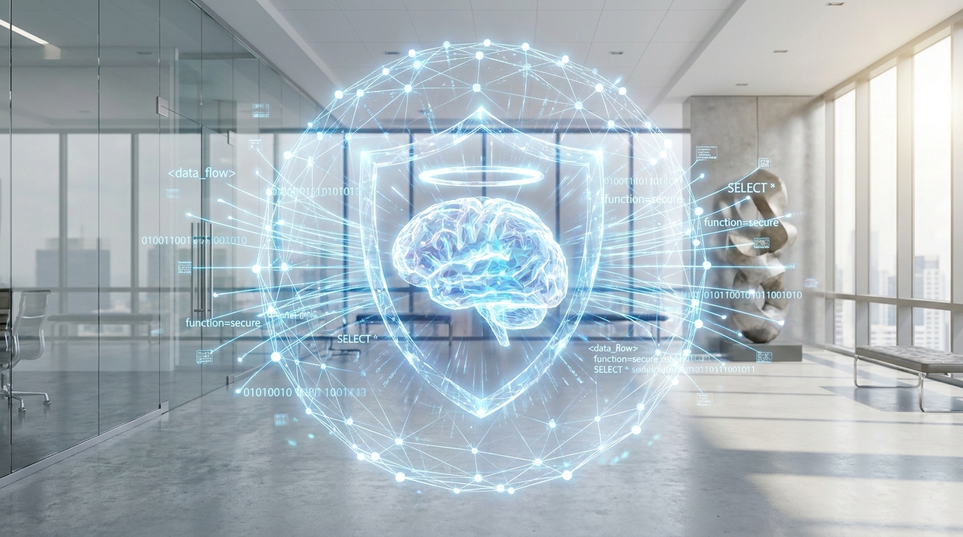 Secure network of data nodes protecting an LLM agent, symbolizing data privacy and AutoSynthData.
