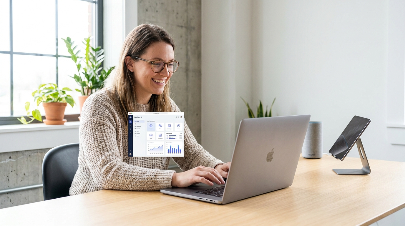 Creator happily using Local AI on Apple Silicon Mac for creative tasks, showing productivity and privacy.