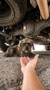 Stray dog hiding under a car