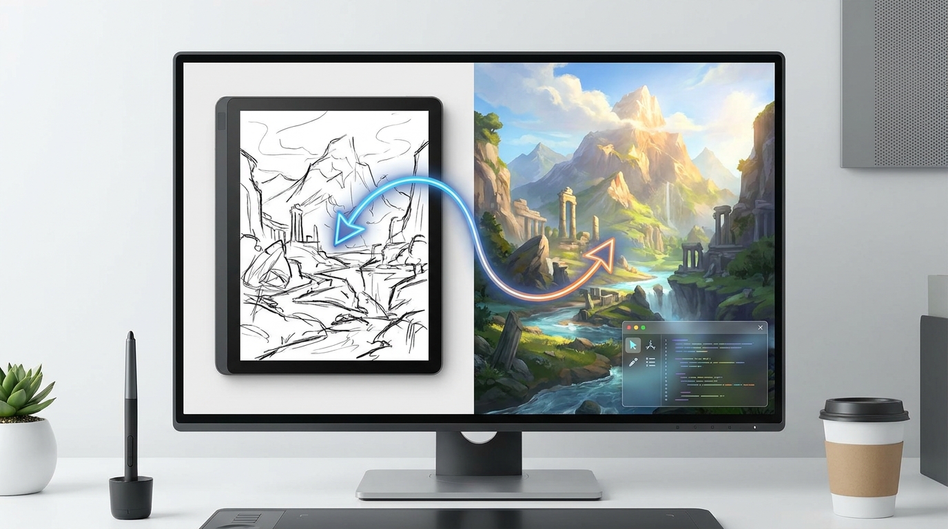 Split screen showing iterative design process with custom AI tools for creative workflows, from sketch to refined artwork.