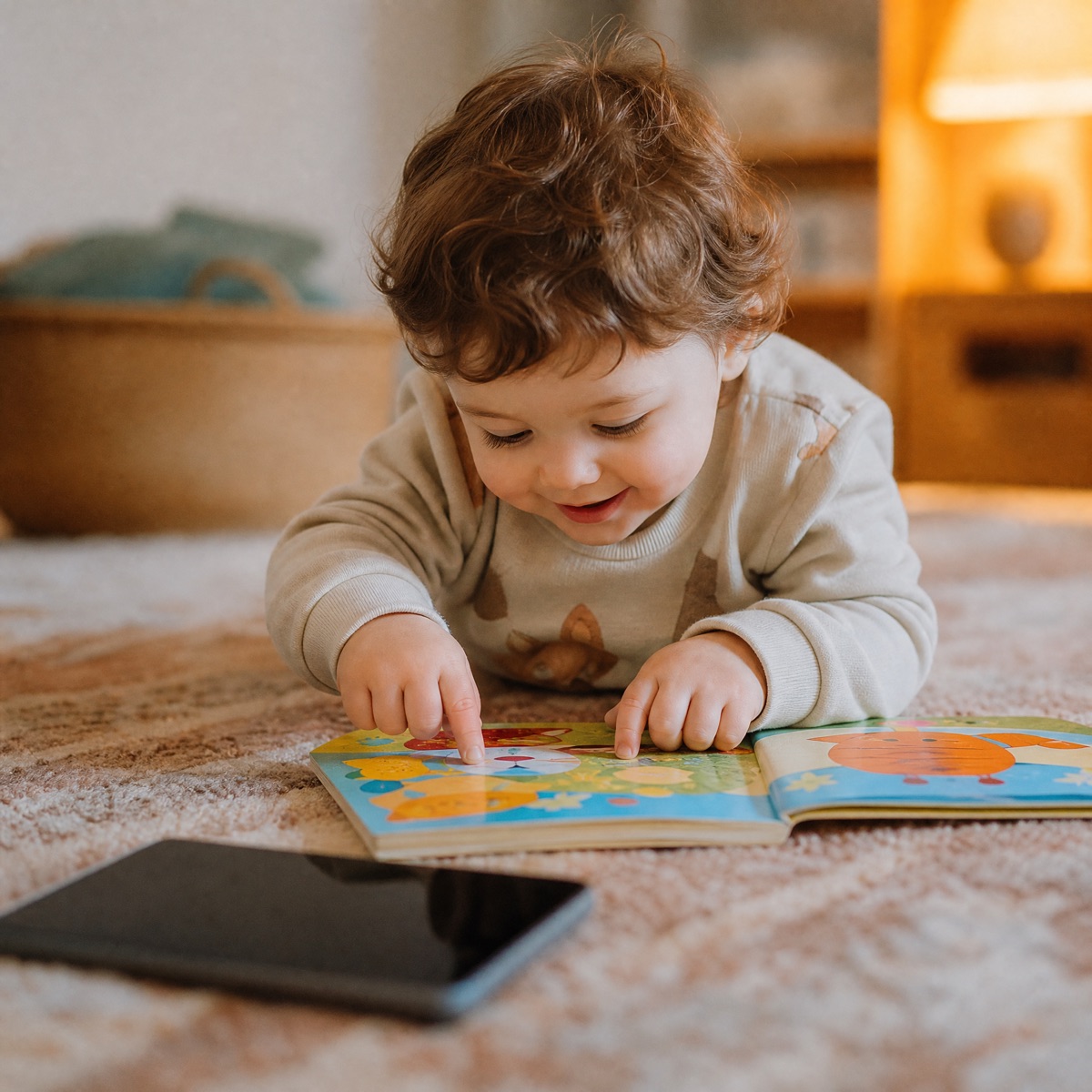 Toddler leaning into an open board book, the tablet switched off beside him