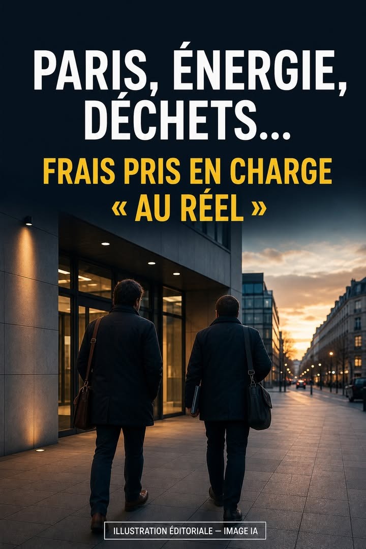 Deux hommes vus de dos marchent sur un trottoir parisien au crépuscule, devant un immeuble moderne, sous un ciel orangé.