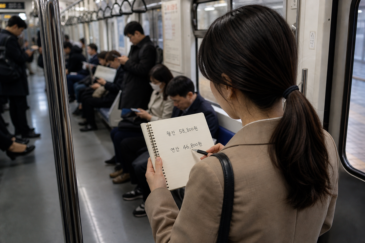 출근길 지하철에서 네이버플러스 월간 12개월 총액과 연간권 가격을 비교하는 직장인