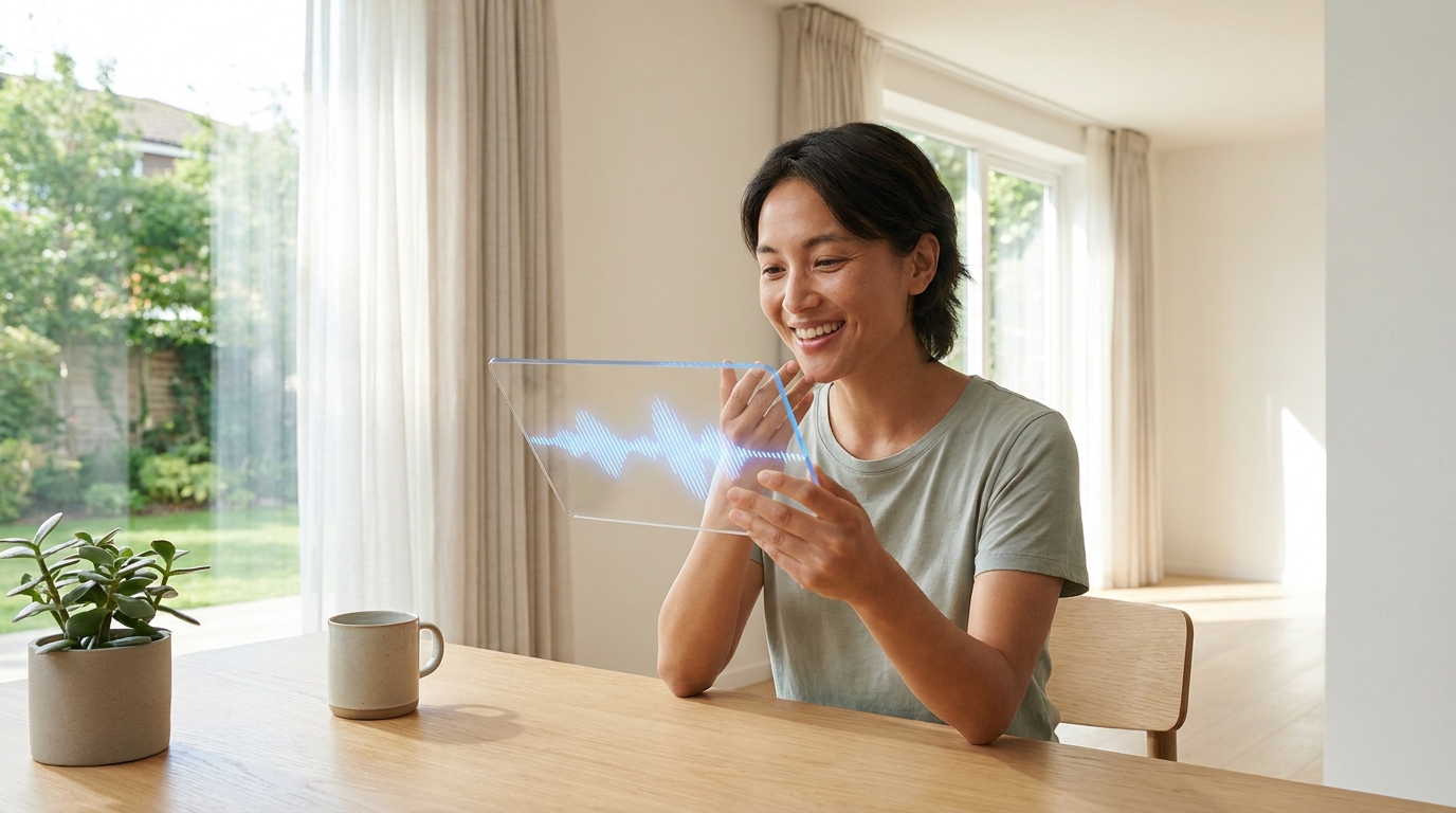 Person interacting naturally with a GPT-Live powered voice assistant on a tablet, showcasing seamless human-AI conversation.