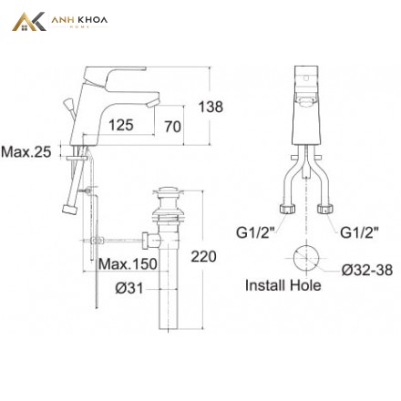 bản vẽ kỹ thuật Vòi chậu American Standard WF-0401