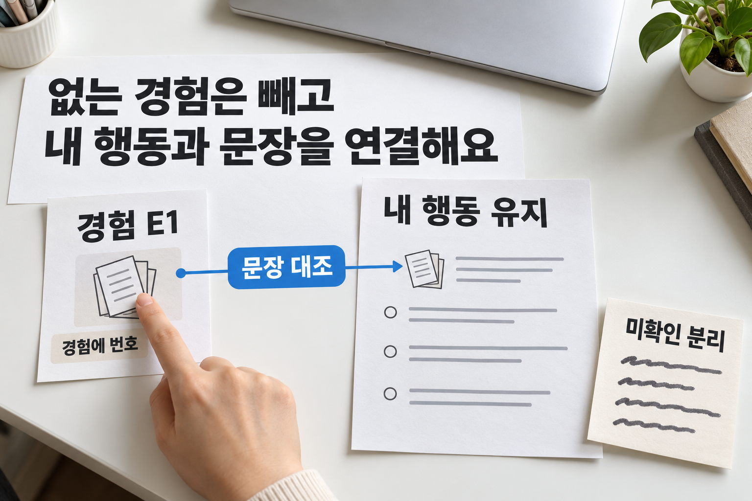 경험 E1 메모와 초안 문장을 연결하고 미확인 내용을 분리한 설명 그림