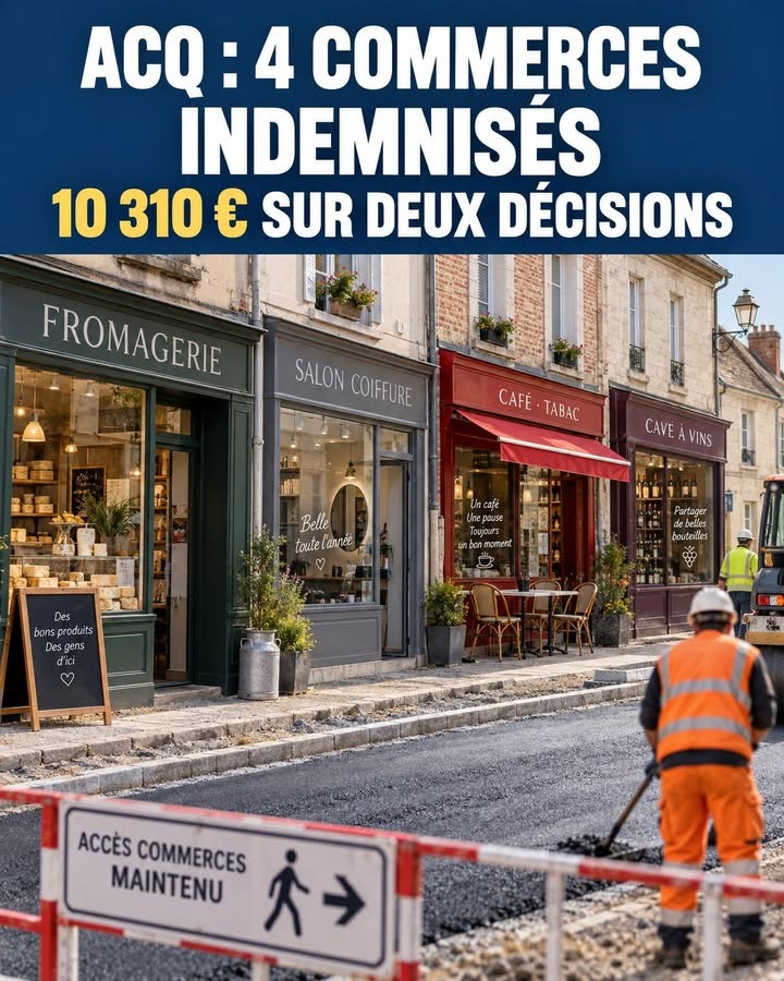 Une rue avec des commerces, un ouvrier en tenue de sécurité et un panneau indiquant accès maintenu.