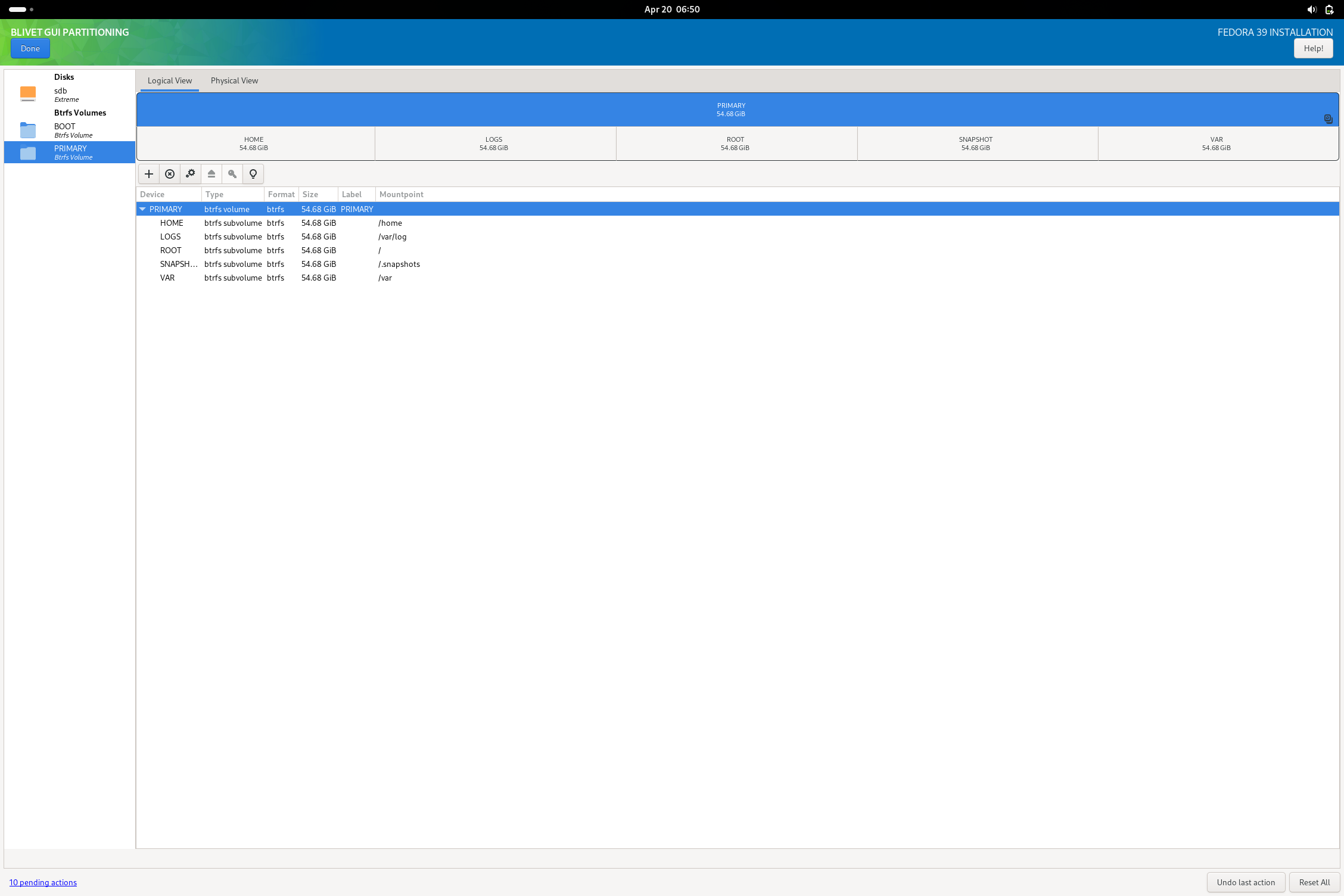 Blivet GUI Partitioning screen showcasing primary btrfs volume with root, snapshots, home, var, and var/log subvolumes