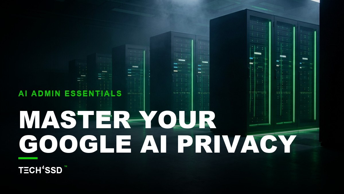 A stylized Google Workspace Admin console interface with a prominent Gemini logo, overlaid with abstract data flow lines and security shield icons, representing control and data management for Google Workspace AI privacy.